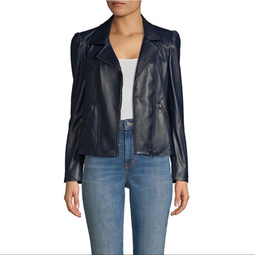 NWT Rebecca Taylor Leather Biker Jacket NAVY - Picture 7 of 11